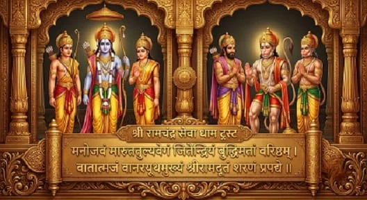 श्री राम और हनुमान जी - श्री रामचन्द्र सेवा धाम ट्रस्ट द्वारा मनोजवं मारुततुल्यवेगं श्लोक