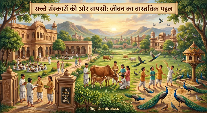 श्री रामचंद्र सेवाधाम ट्रस्ट के गुरुकुल प्रांगण में गौ सेवा और प्रकृति से जुड़ते हुए बच्चे