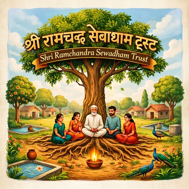 भारतीय ग्रामीण परिवेश में पंचमहाभूतों की वंदना, जल संरक्षण और प्राकृतिक सौंदर्य का दृश्य।