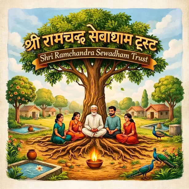 भारतीय ग्रामीण परिवेश में पंचमहाभूतों की वंदना, जल संरक्षण और प्राकृतिक सौंदर्य का दृश्य।