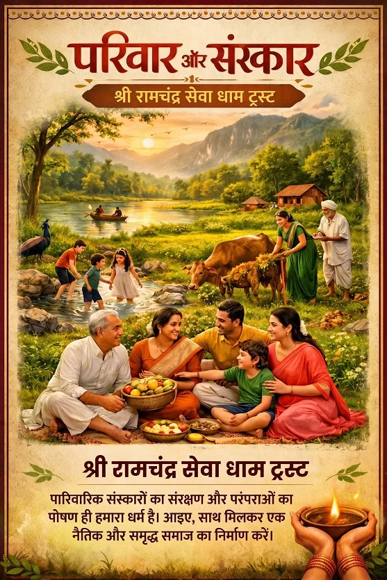 श्री रामचन्द्र सेवाधाम ट्रस्ट - एक विशाल वट वृक्ष के नीचे बैठी परिवार की तीन पीढ़ियां, जल संचयन और प्रकृति संरक्षण का सुंदर दृश्य।