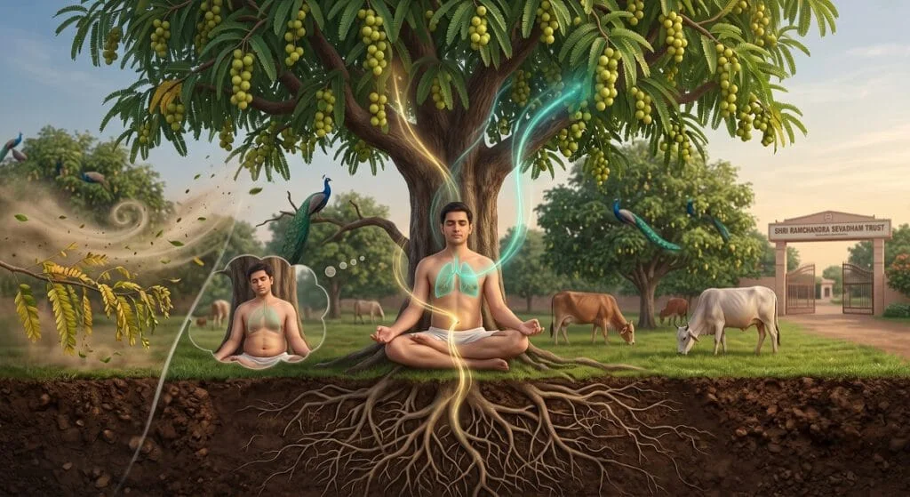 वनस्पति की जड़ें और मानव नाभि की तुलना दर्शाता तुलनात्मक चित्रण, जीवन का मूल केंद्र, राम सेवा ट्रस्ट रतनगढ़