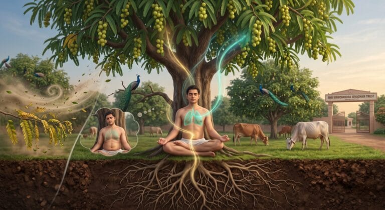 वनस्पति की जड़ें और मानव नाभि की तुलना दर्शाता तुलनात्मक चित्रण, जीवन का मूल केंद्र, राम सेवा ट्रस्ट रतनगढ़