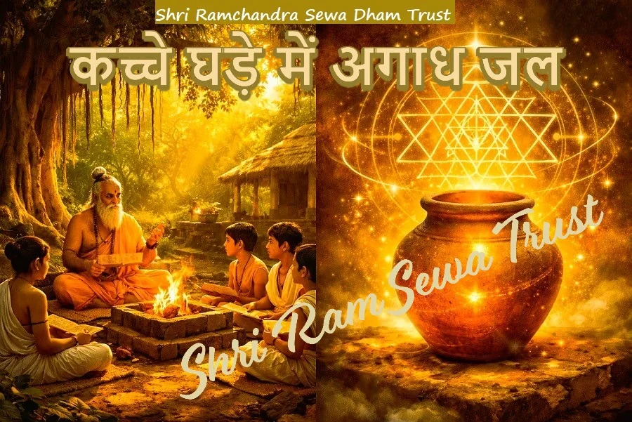 वटवृक्ष के नीचे गुरु-शिष्य परंपरा, हवन कुंड और आधुनिक शिक्षा के प्रतीक रूप में जल से भरा कच्चा घड़ा